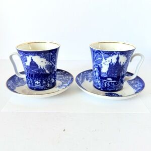 Set of 2 Lomonosov Imperial Porcelain “Frosty Day” Mug & Saucer Sets – 22K Gold